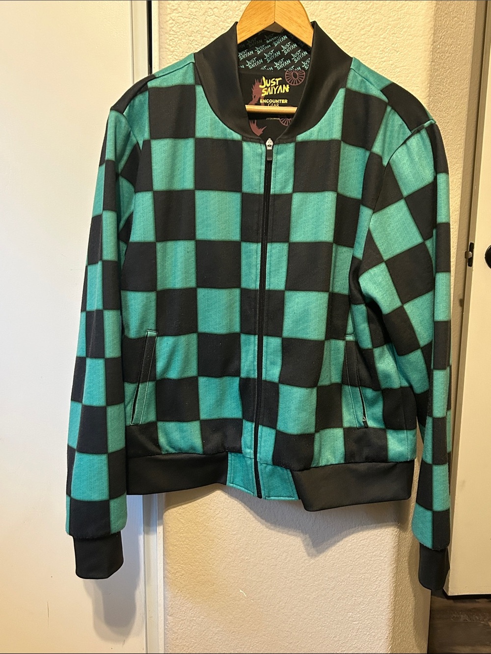 (L) Men’s Demon Slayer Just Saiyan Green Teal & Black Checkered Bomber Jacket